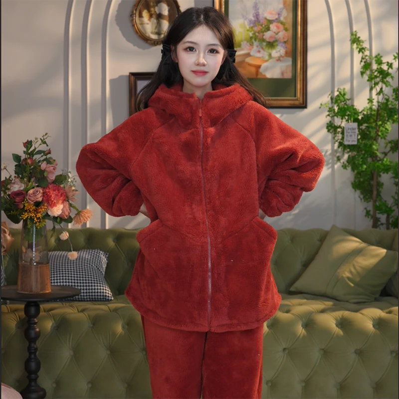 冬季大码加厚保暖睡衣胖mm纯色连帽加绒保暖套装女长袖拉链家居服