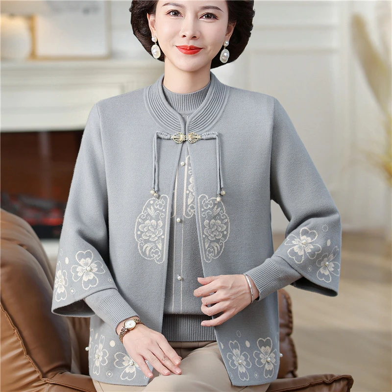 新中式妈妈秋装针织上衣两件套中老年女秋冬国风毛衣时尚开衫外套