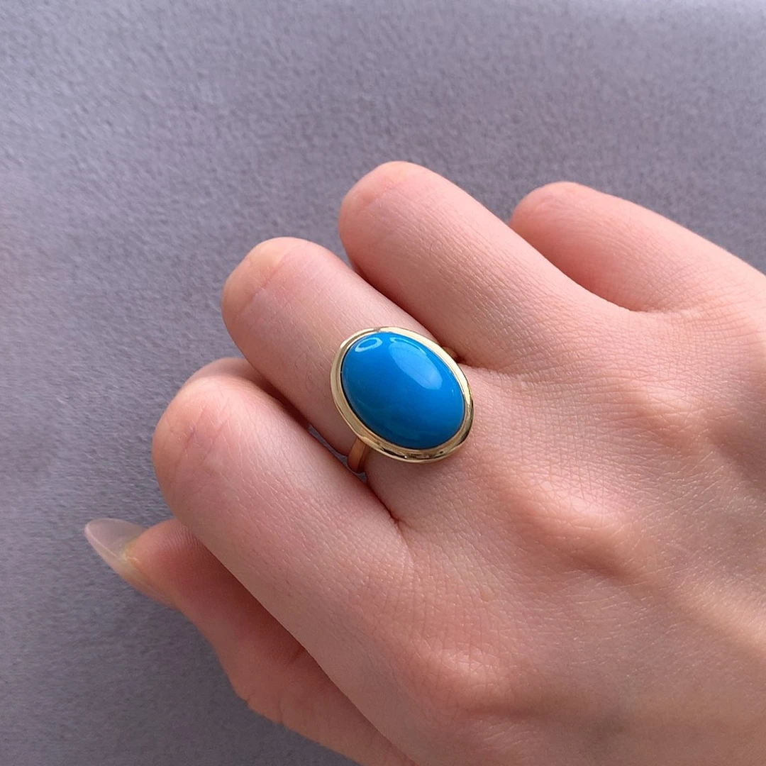 18K金镶嵌绿松石玉化蓝戒指