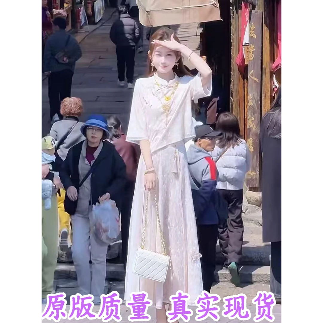 蕾丝绣花叠加缎面国风套装显瘦时尚气质小个子夏季复古小众两件套