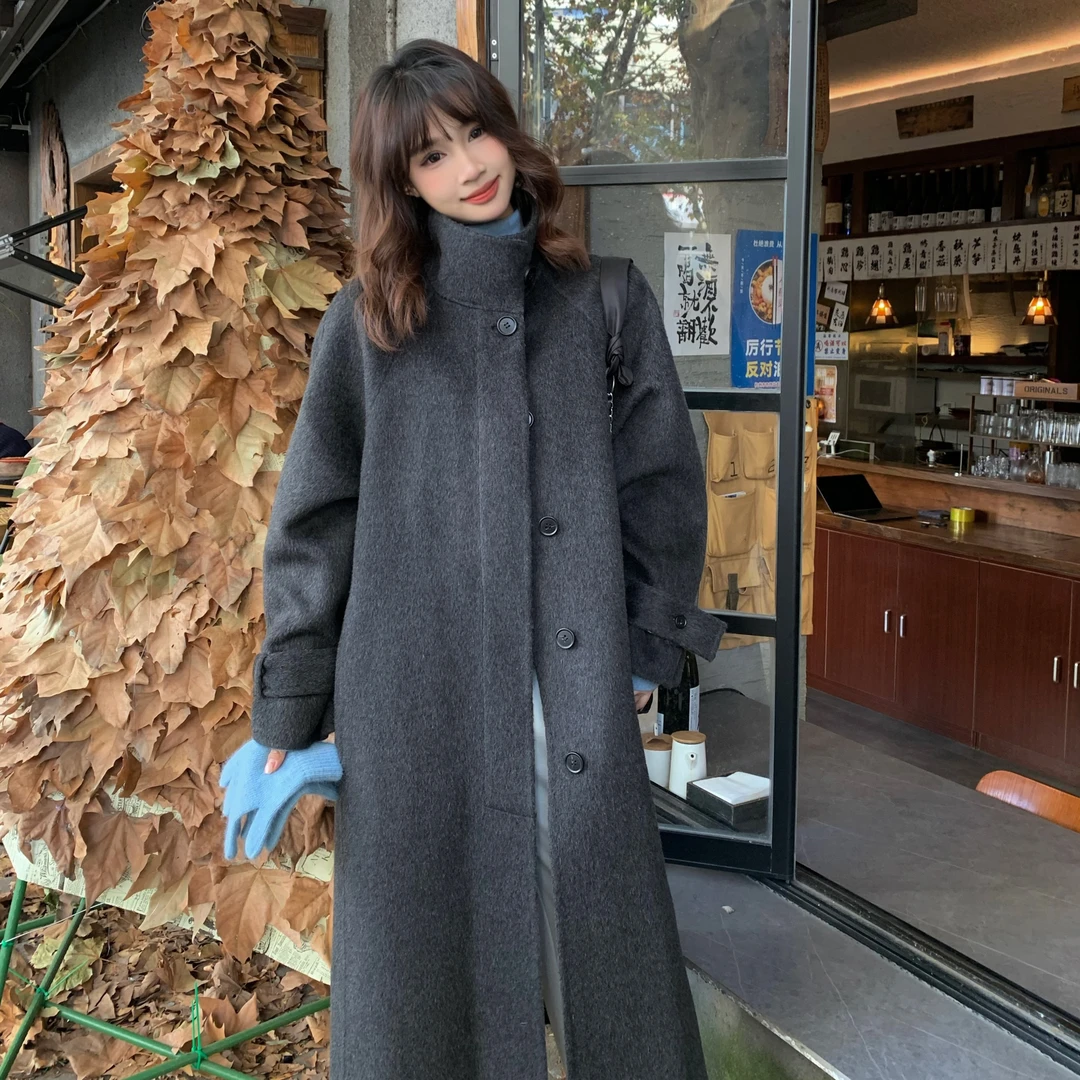 灰色双开门双面羊绒大衣女2024年秋冬季新款高级感小个子韩系外套