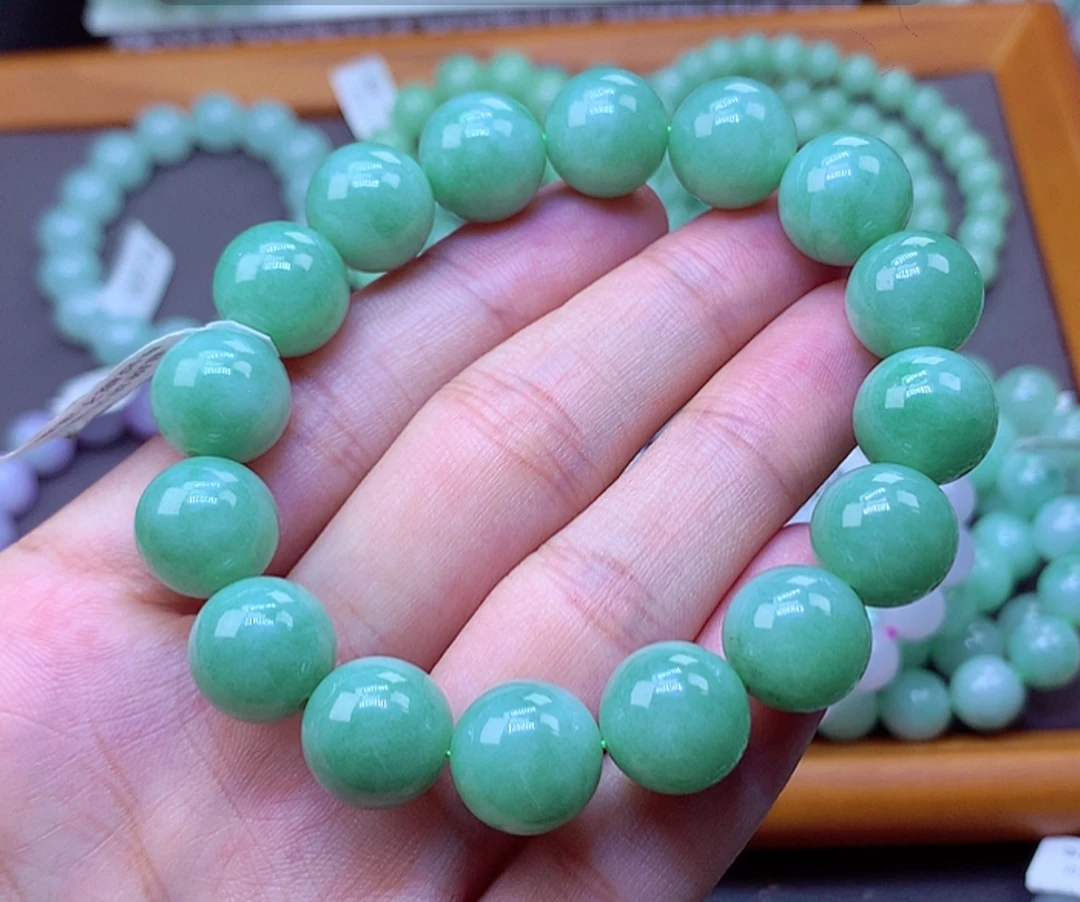 正品缅甸天然翡翠A货13m果绿满绿老坑单圈绿色翡翠手串时尚轻奢