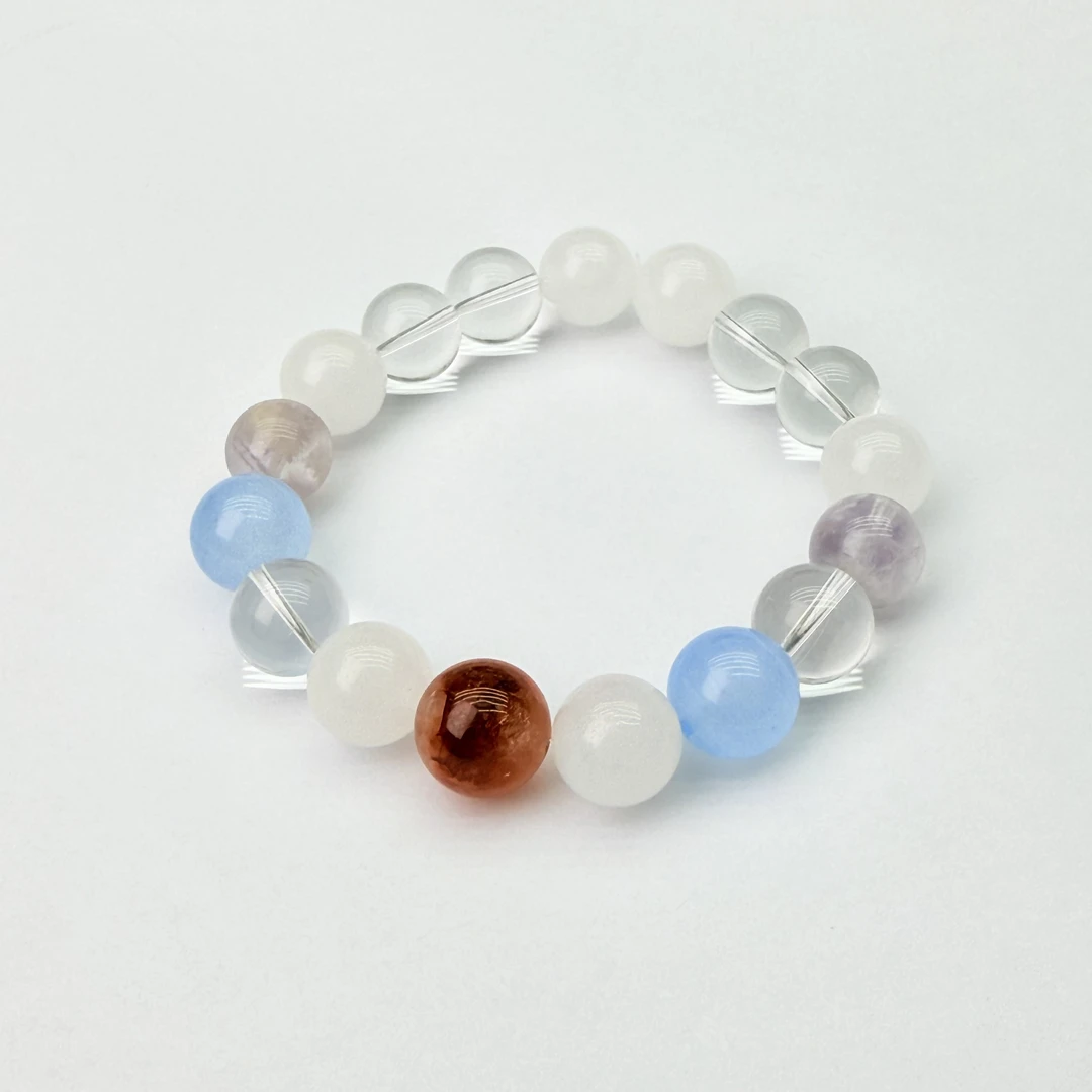 【夕阳】多宝白飘花薰衣草玻利维亚紫红胶花白水晶手串