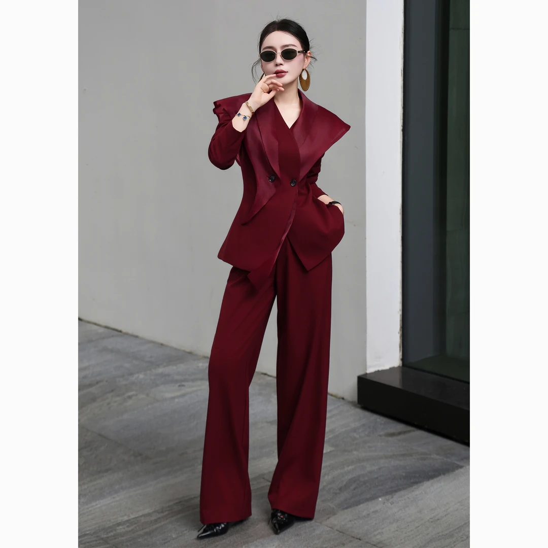 ZEROYK设计感职业套装女秋季新款黑白撞色网纱拼接西装长裤两件套