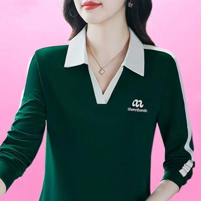 新款长袖t恤女士洋气春上衣打底衫中年妈妈装时尚翻领修身polo衫