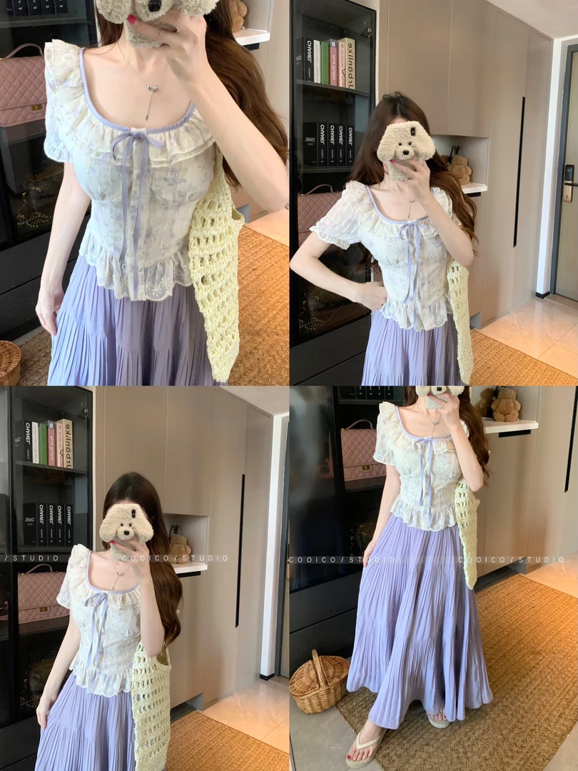 大码法式气质套装女夏季碎花泡泡袖上衣衬衫胖MM显瘦半身裙两件套