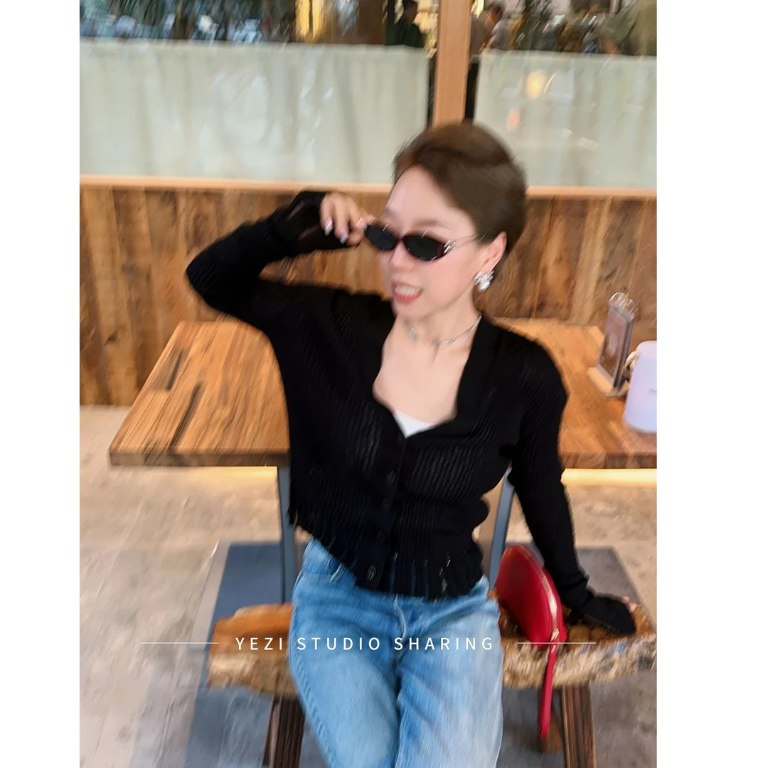 【丝棉絮语】桑蚕丝薄款微透破边针织收腰显瘦长袖针织开衫25322406