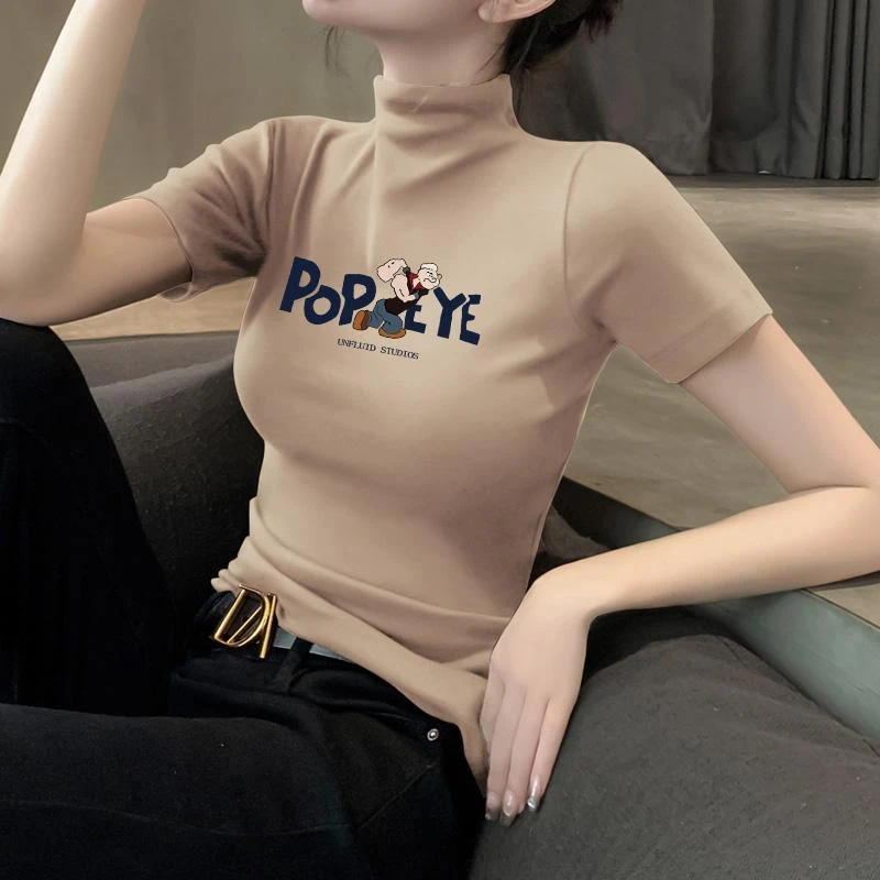 卡其色半高领显瘦薄款夏季短袖修身时尚百搭紧身印花T恤上衣ins潮