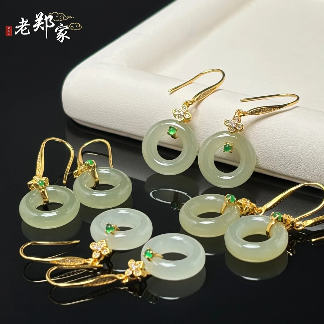 【老郑家】925银和田玉耳饰一对 169 多样性发一件 约15*4mm