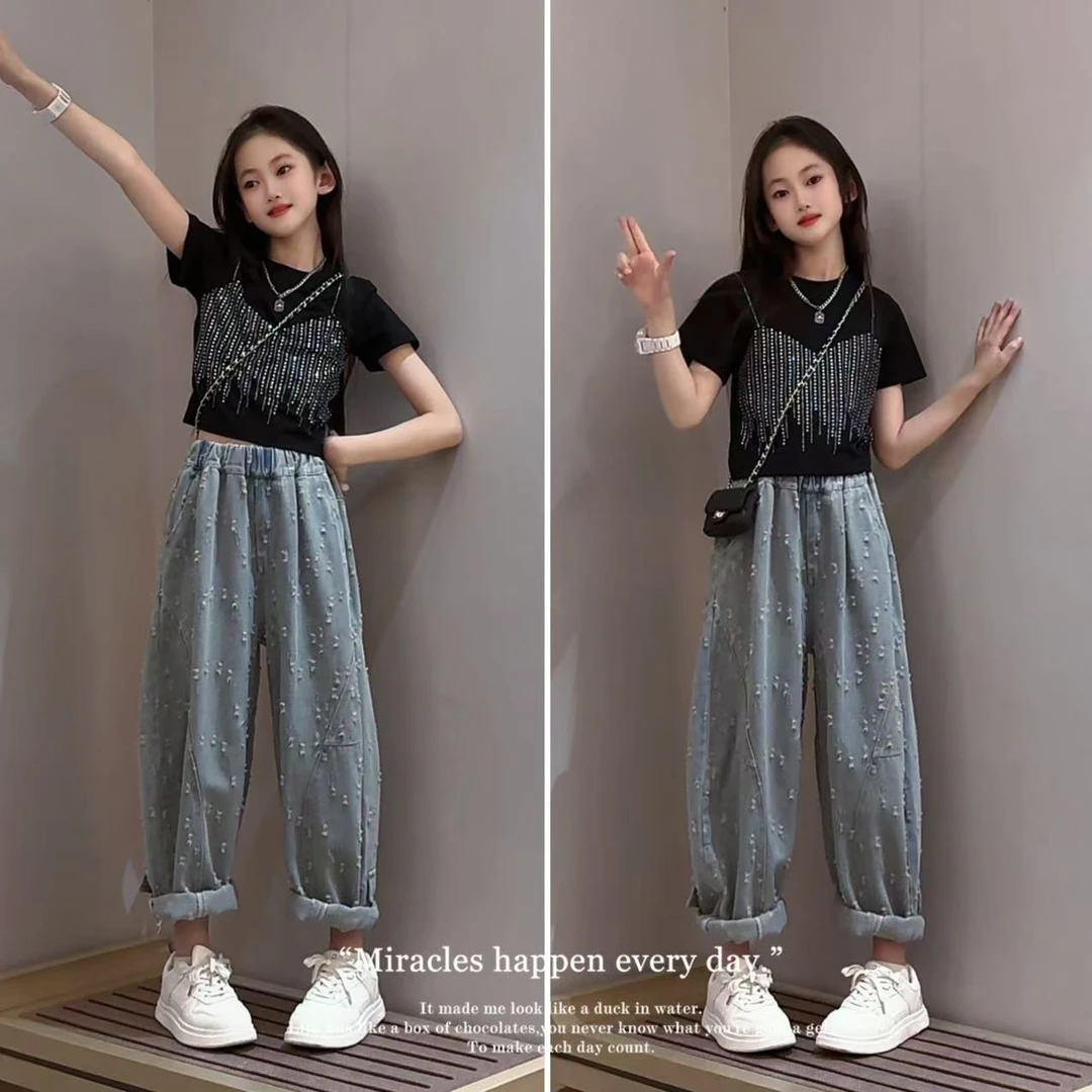 女童牛仔弯刀裤夏季2025新款儿童宽松裤子韩版女孩背心T恤