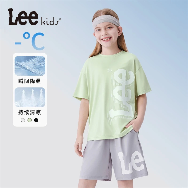 Leekids夏季儿童凉感T恤男女童中大童圆领短袖松紧带短裤休闲套装