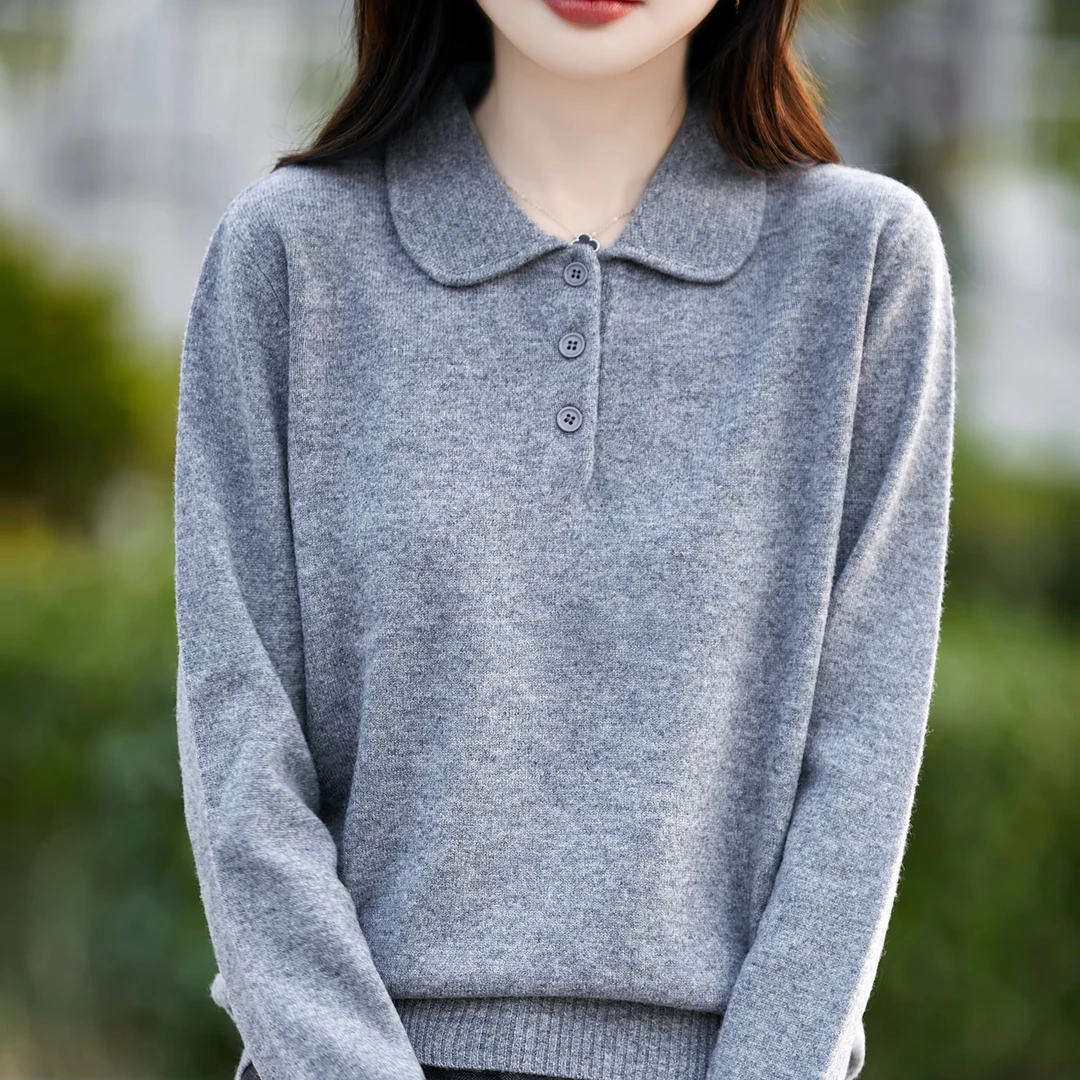 2025年秋冬季新款POLO领纯羊毛衫女娃娃领长袖针织毛衣打底衫上衣