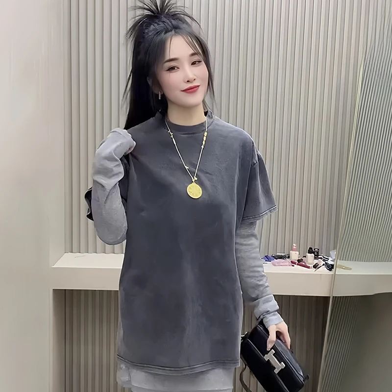 韩版撞色叠穿真两件T恤女2025早秋新款休闲百搭长袖内搭打底衫潮