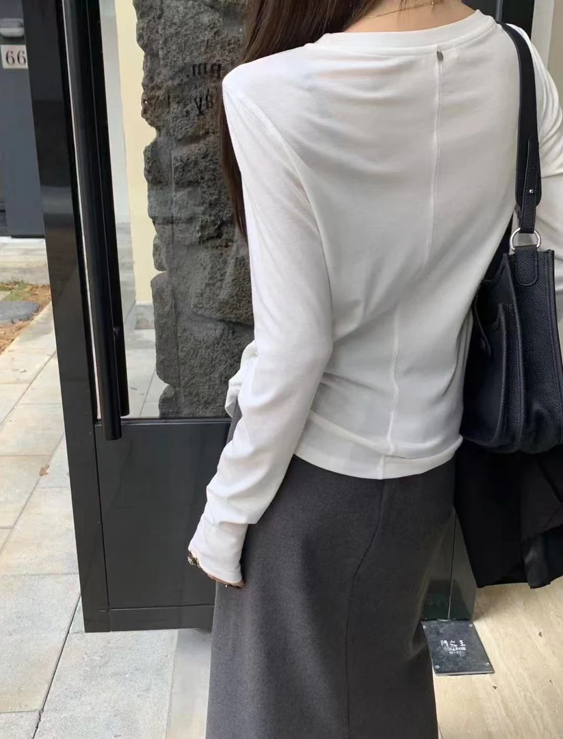 【OZZ—436207】简约染色圆领高领拼接加厚T恤针织显瘦打底衫秋季