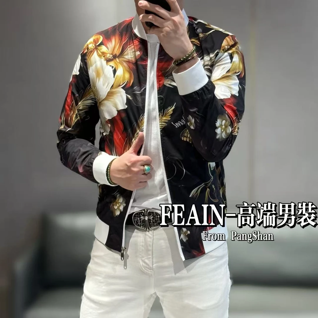 高端男士欧货春暖花开富贵吉祥图印花工艺拉链棒球夹克外套110