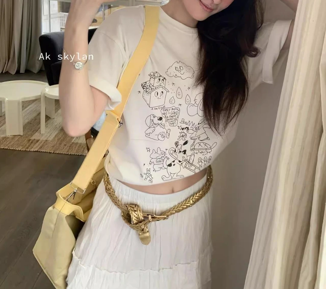 ONEXH·2025年春季新款ins韩系涂鸦手画印花短袖T恤女百搭上衣