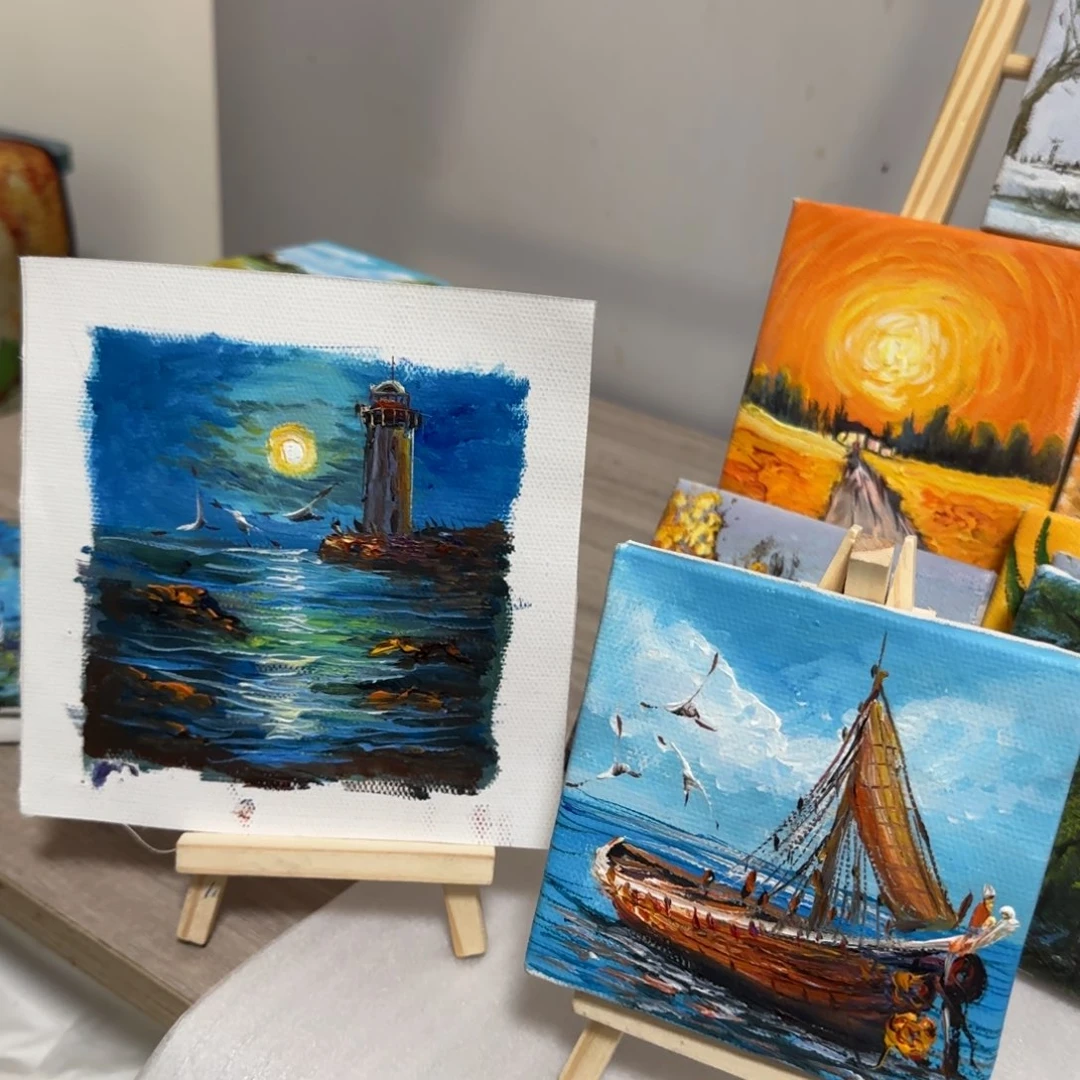 油画10*10尺寸迷你小油画带小支架桌搭摆件