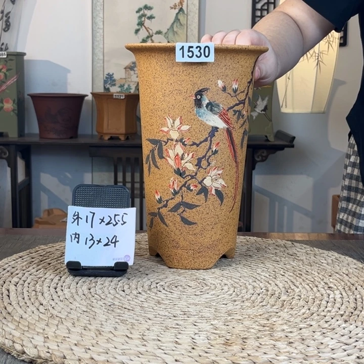 花盆紫砂  柴烧绶带鸟手绘高直筒1530