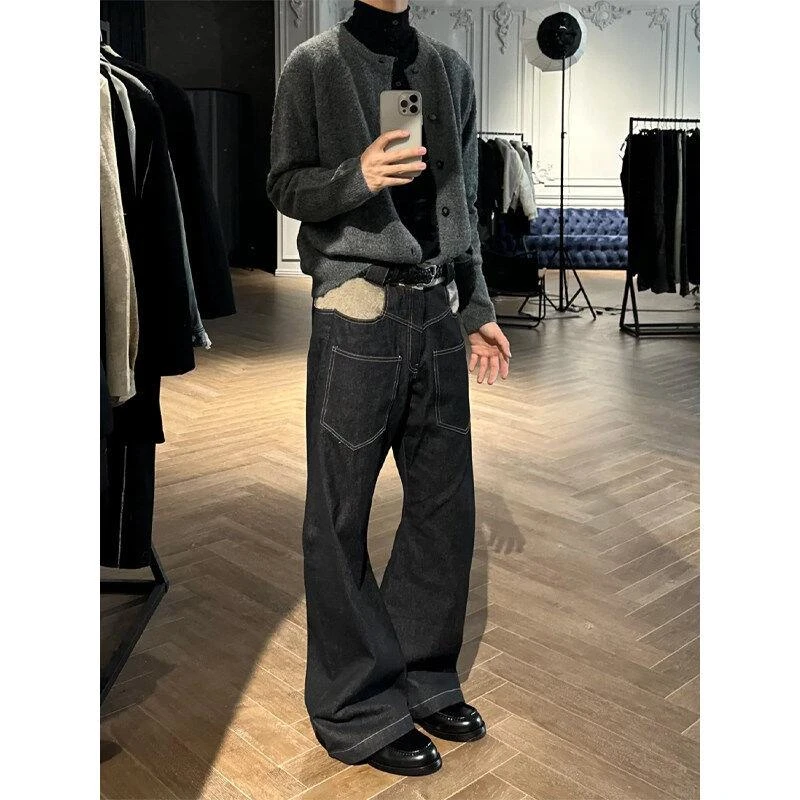 【JRXR男装】丹宁弯刀牛仔裤男潮牌重工拼接直筒微喇裤美式复古阔