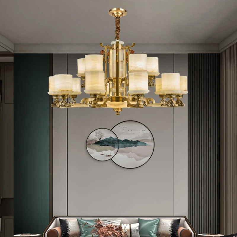 豪宅新中式全铜玉石客厅吊灯高档别墅大气餐厅卧室大吊灯中国风
