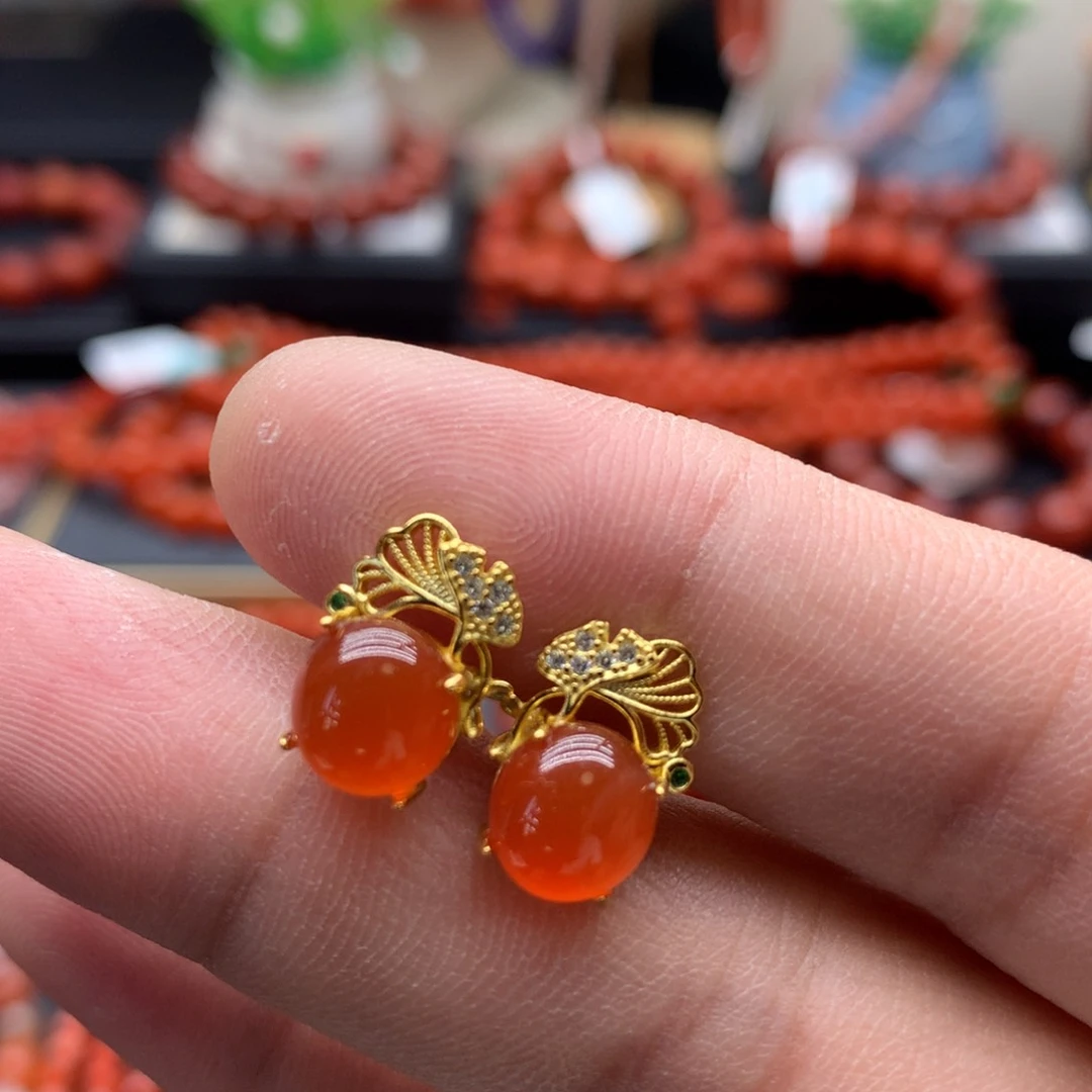 南红玛瑙耳饰银S925镀金镶嵌