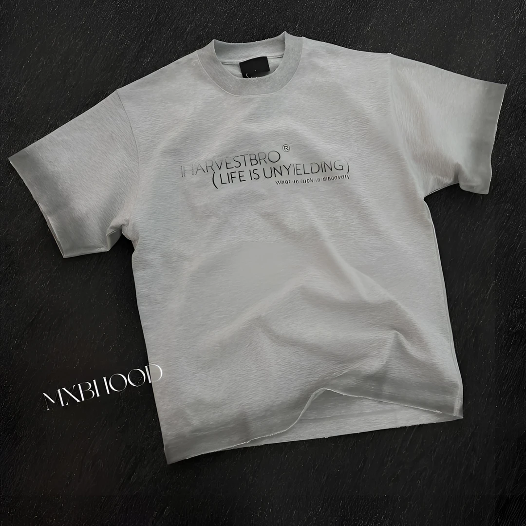 【阿信】夏季新款纯棉重磅印花渐变毛边水洗男士圆领短袖t恤上衣