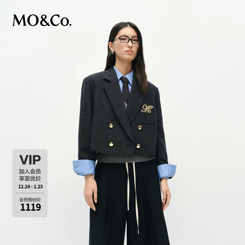 MOCO西装2025春新品高含绵羊毛平驳领短款学院风外套MBE1BLAT02