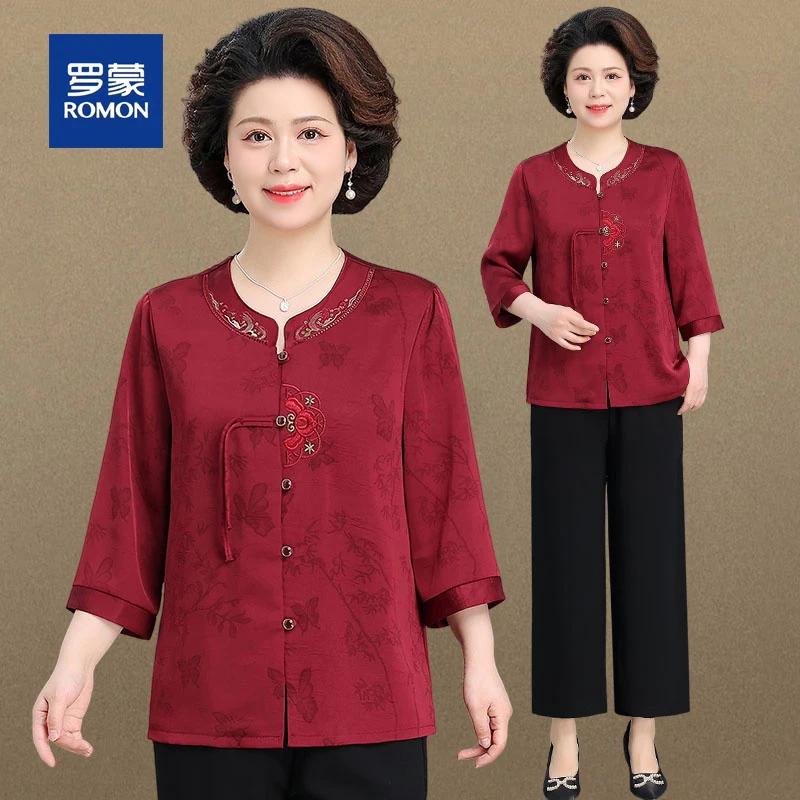 罗蒙中老年人妈妈夏装国风上衣女新款奶奶装新中式衬衫老太太衣服