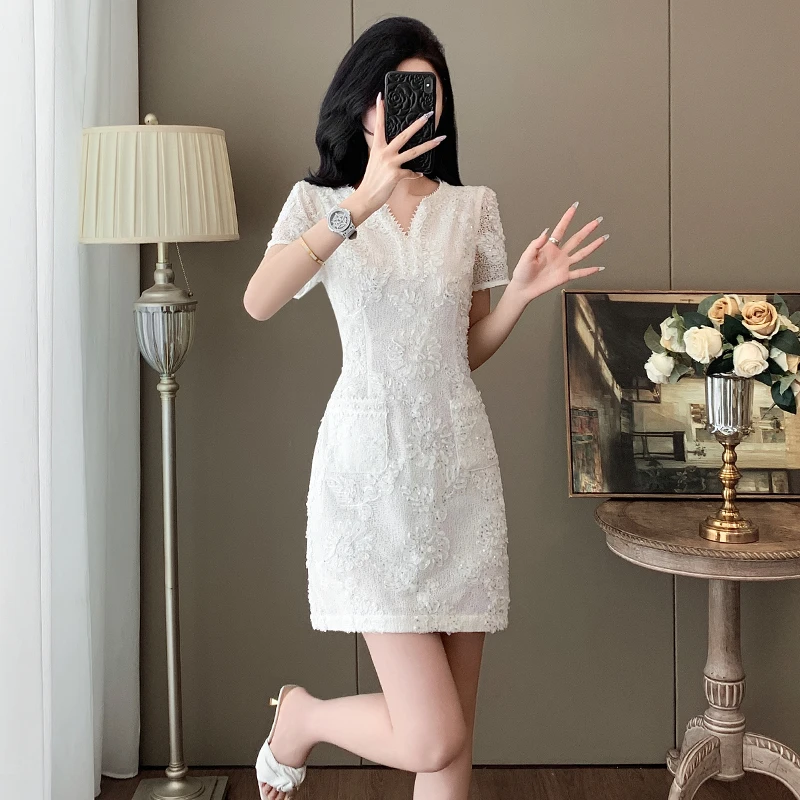 名媛风气质短袖蕾丝收腰连衣裙V领名媛显瘦夏季小个子裙子
