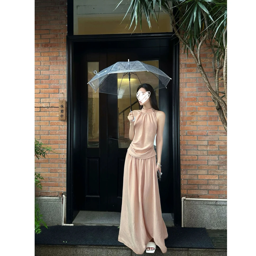 【雾粉淡人天菜】 高领收褶半身裙套装