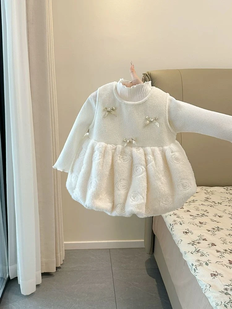女宝宝毛呢背心裙秋冬加绒洋气公主裙婴幼儿裙子冬季礼服裙周岁装
