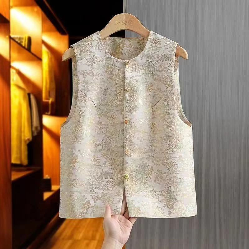 2025早春新款高级感简约醋酸背心马甲圆领百搭国风气质坎肩马夹女