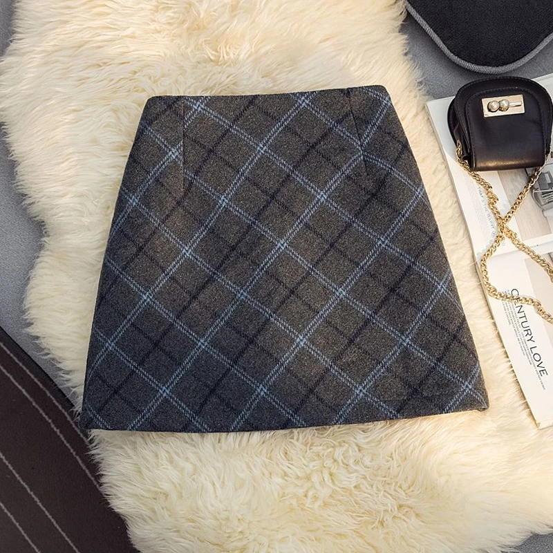 复古灰色格子毛呢半身裙女秋冬高腰小个子a字显瘦短裙紧身包臀裙