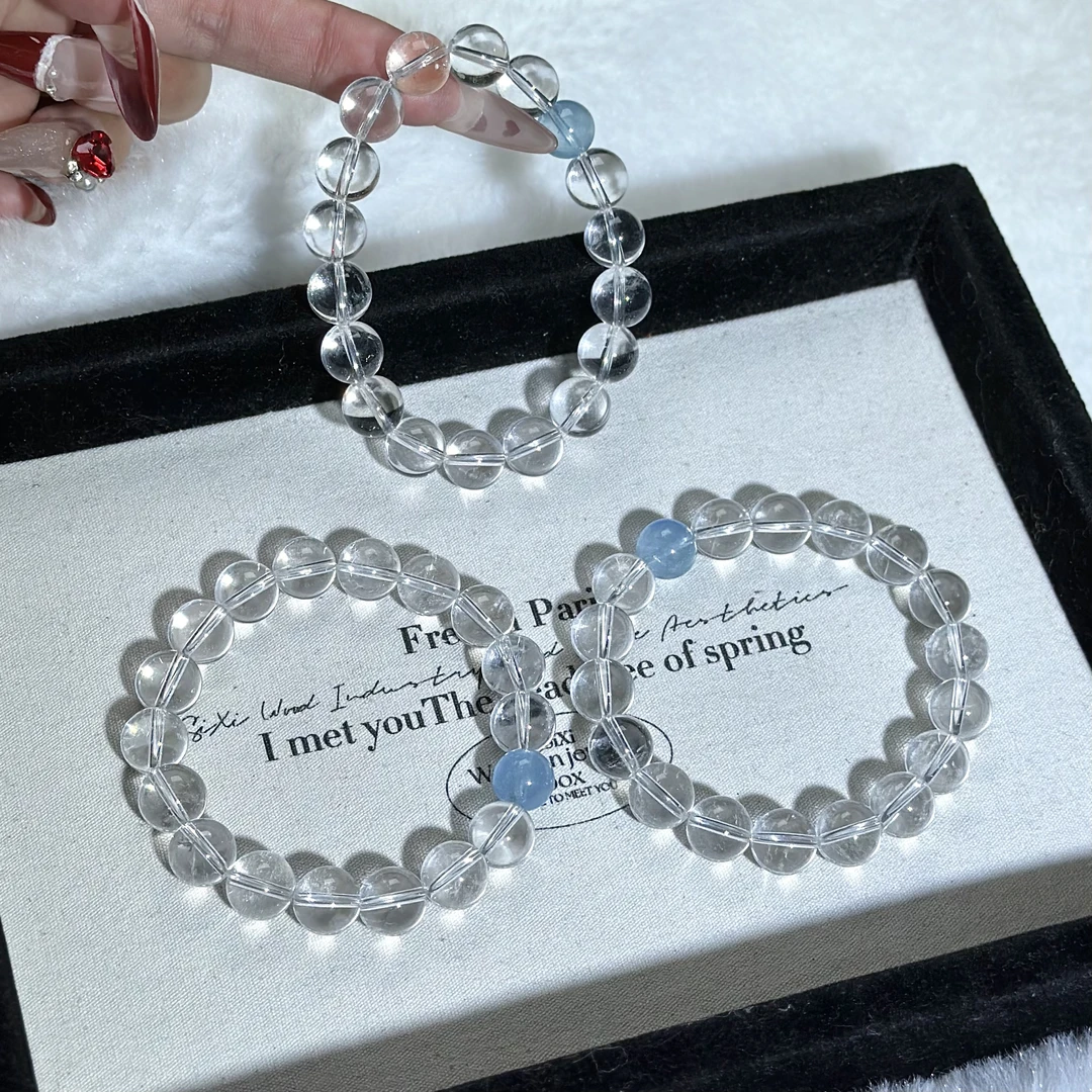 《海洋之心》天然白水晶+海蓝宝单珠手串  10mm