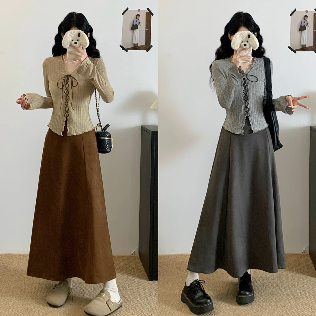 大码女装2025秋季法式温柔风显瘦A字裙长袖上衣两件套装2180+2211