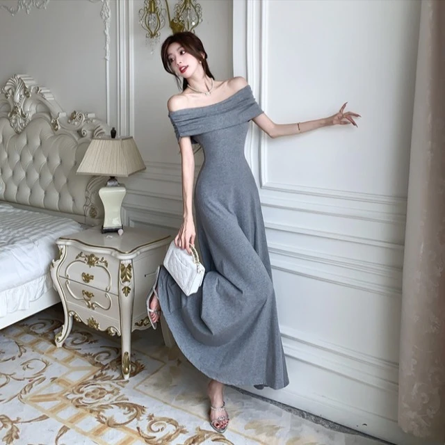 纯欲一字露肩连衣裙女夏季性感辣妹到脚踝长裙高级感A字大摆裙潮