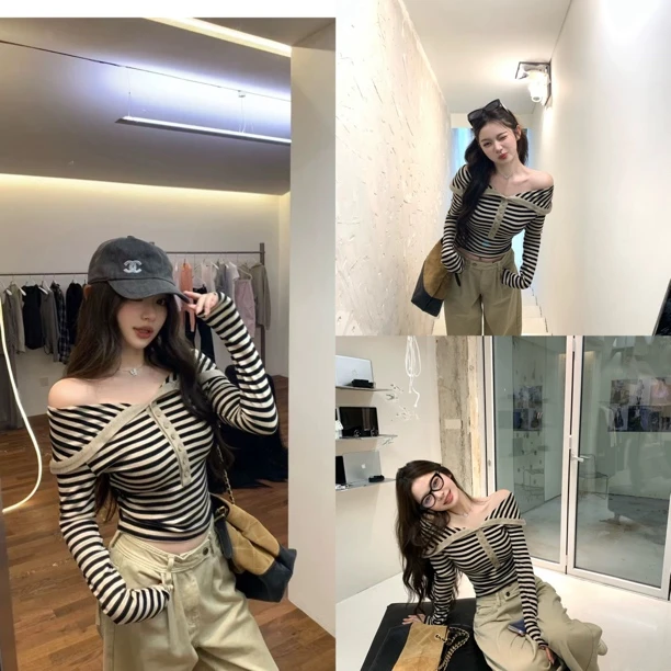 （浠儿家）香肩美学欲辣韩女限定 翻领一字肩条纹上衣