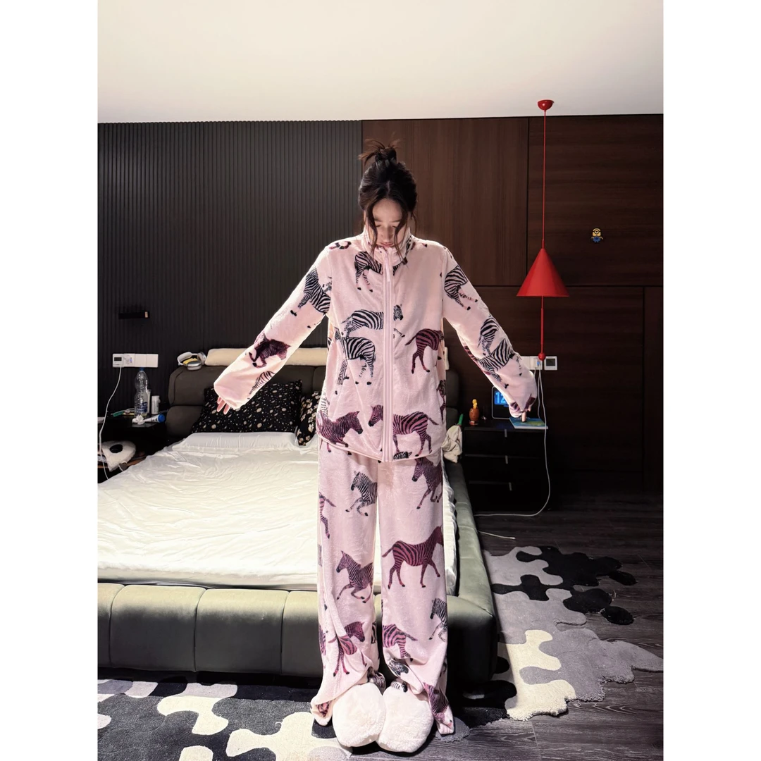 doubleoo拉链开衫彩豹印花睡衣套装高级感家居服保暖珊瑚绒ins风