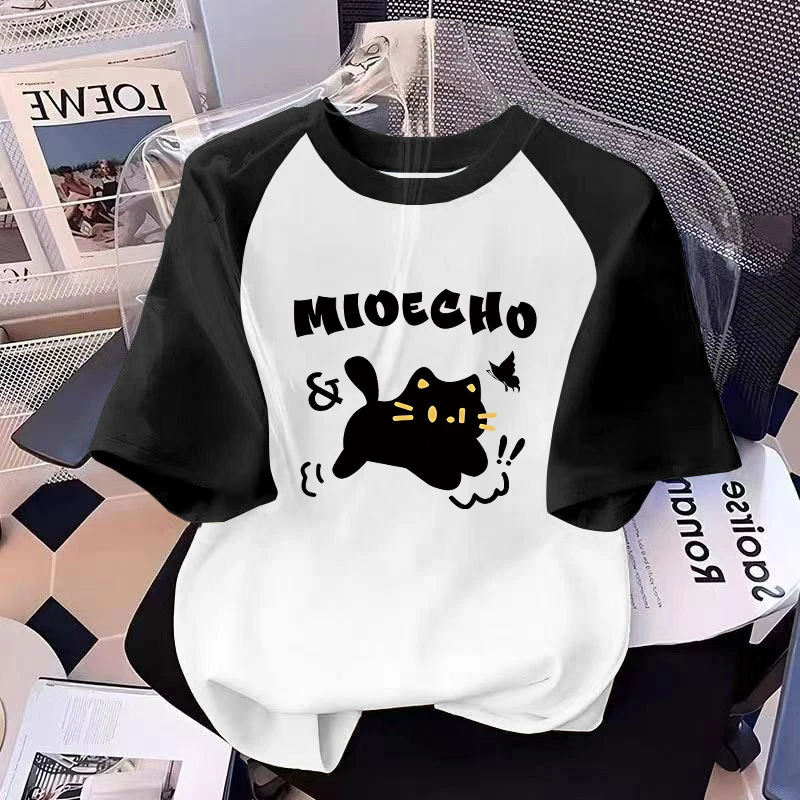 女童纯棉插肩短袖T恤2025夏季薄款卡通小猫印花学院风半袖上衣ins