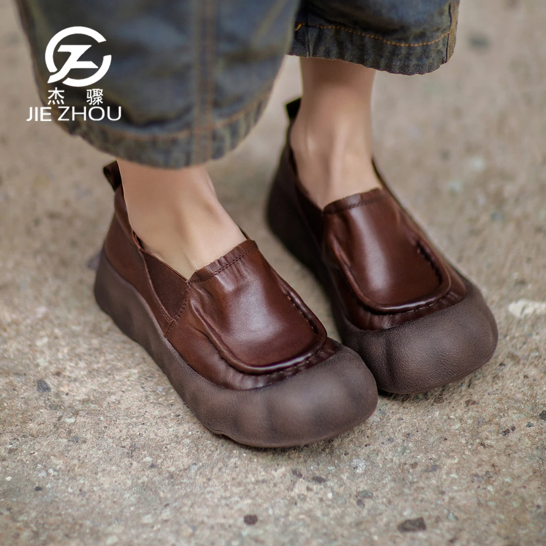 杰骤春秋款真皮厚底一脚蹬单鞋女手工复古女鞋头层牛皮棕色休闲鞋