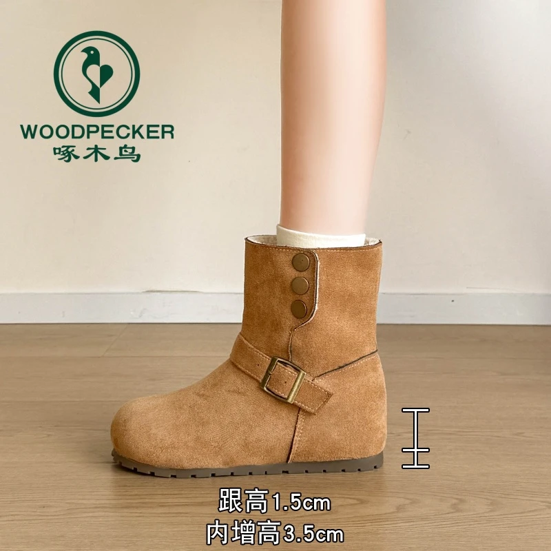 啄木鸟复古内增高勃肯短靴女款2025新款冬季百搭保暖短筒雪地靴子