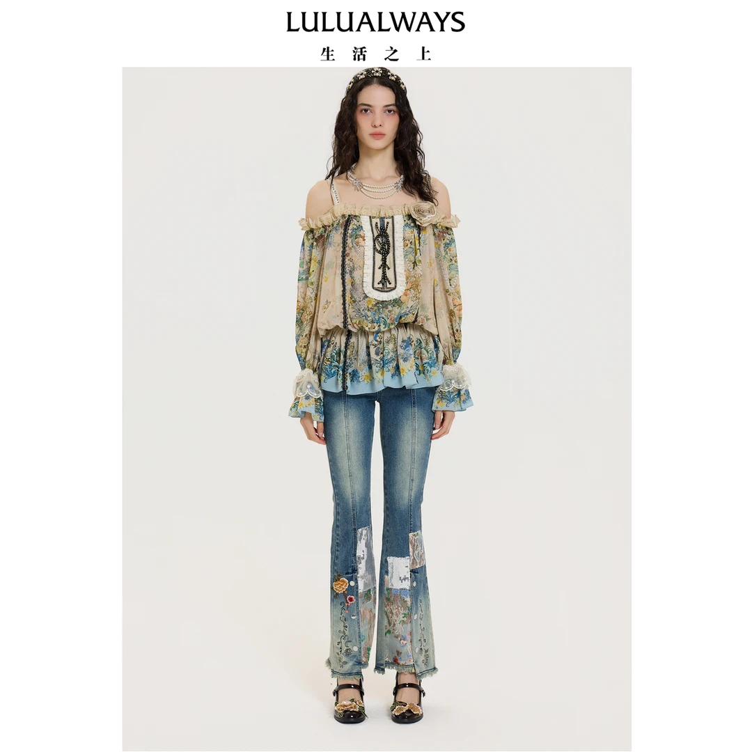 LULUALWAYS【商场同款】25秋季新款浪漫宽松露肩宽松上衣雪纺衬衫