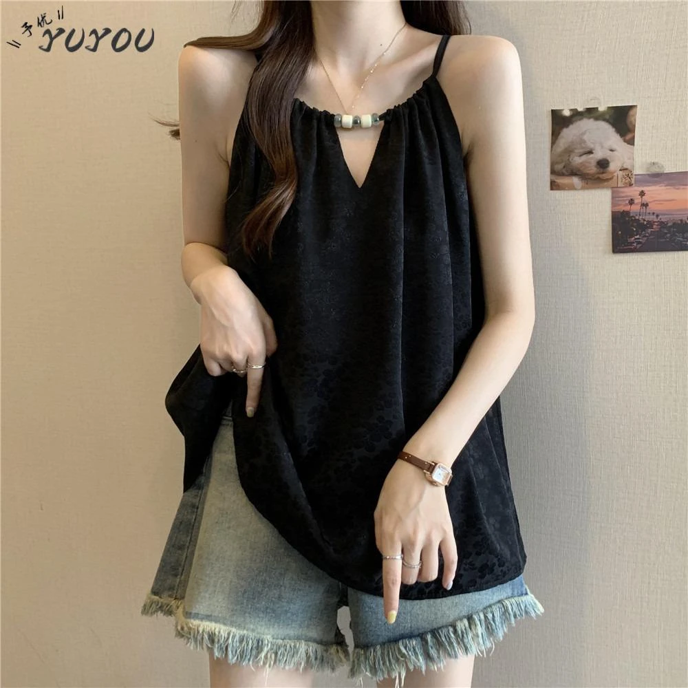 大码女装遮肚子宽松挂脖外穿背心吊带女夏季胖mm显瘦减龄雪纺上衣