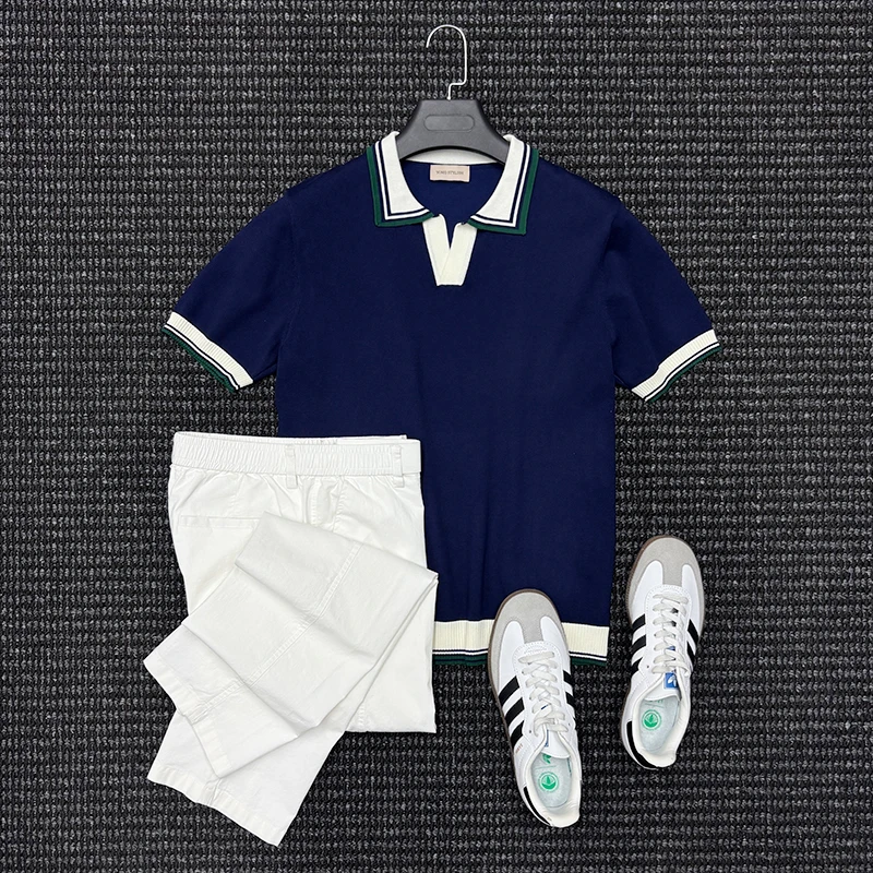 那不勒斯皇后凉感冰丝夏季polo衫男士高级感撞色海鸥领短袖t恤潮