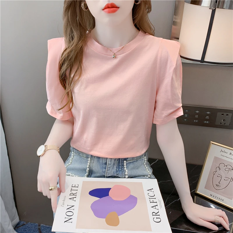 2025夏装新款高级感泡泡袖圆领T恤时尚潮流百搭显瘦洋气女士上衣