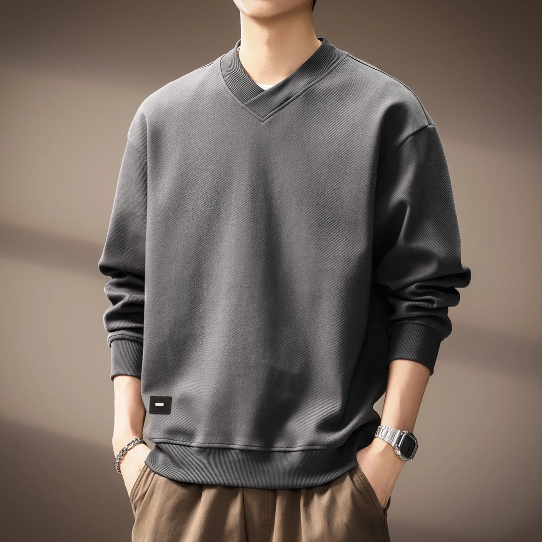 高端美式复古交叉V领男士卫衣秋季新款纯色简约套头休闲长袖上衣