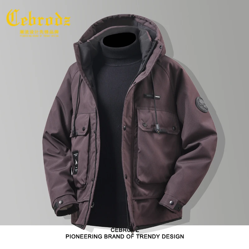 法国Cebrodz冬季新款拼色连帽羽绒服男潮牌美式休闲修身保暖外套