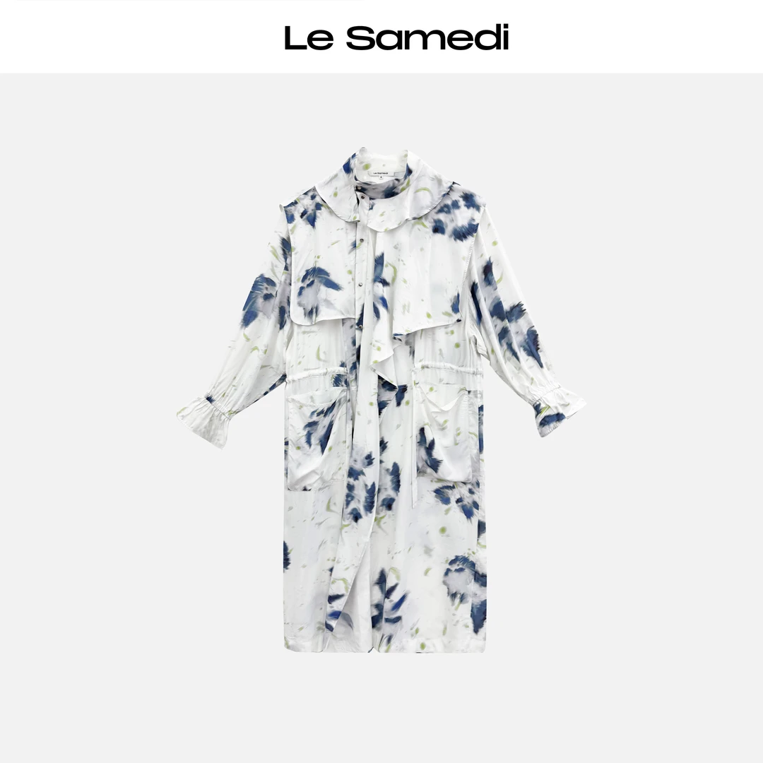 Le Samedi【微风蓝山】 灵动秀款 水波艺术油画风衣围裹连衣裙