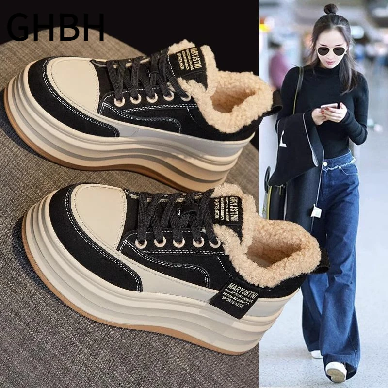 7厘米增高~加绒保暖厚底内增高板鞋冬季新款羊羔毛百搭休闲小白鞋