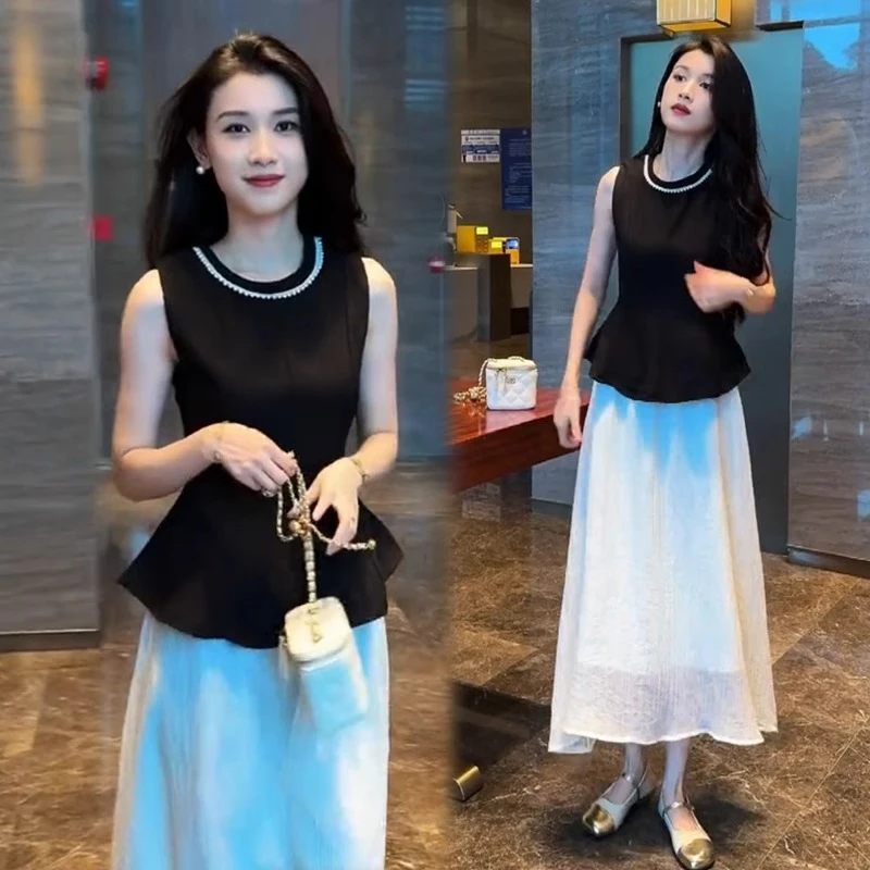 韩系高级感连衣裙女夏季洋气质显瘦名媛无袖上衣高腰半身裙两件套